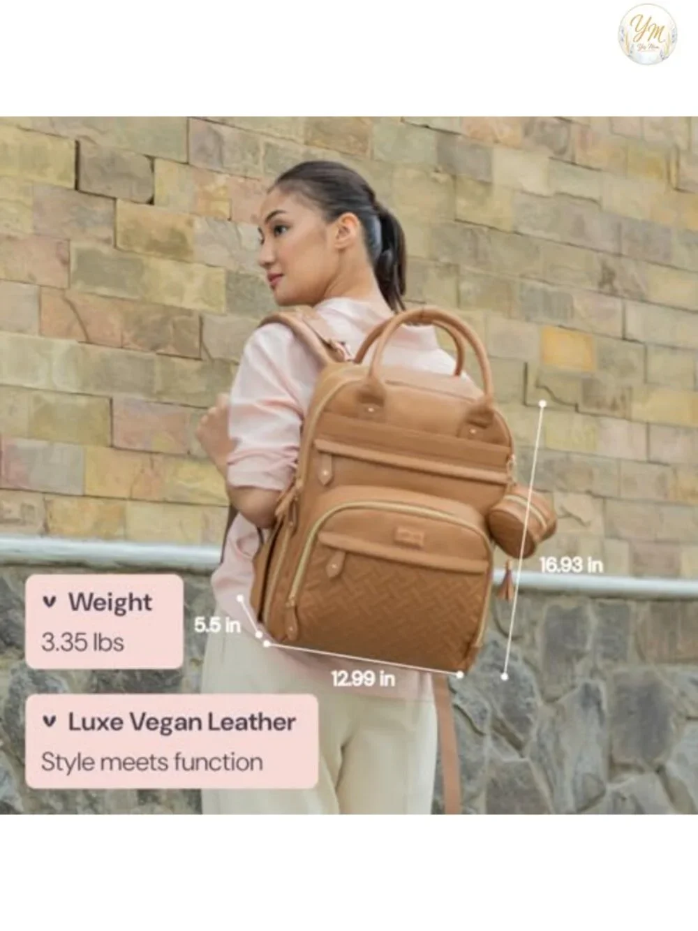 Vegan Leather Diaper Bag Backpack with Changing Pad & Stroller Straps